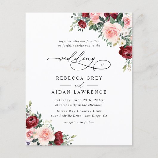 Papier Budget Burgundy Blush Floral Faire-part de mariage (Devant)