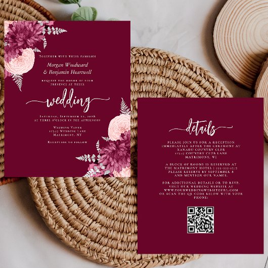 Papier Budget Burgundy Blush Floral QR Code Wedding