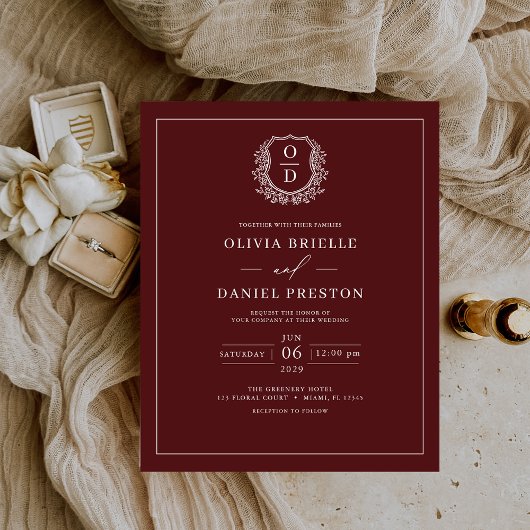 Papier Budget Burgundy Crest Elégant Mariage Invitation