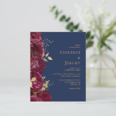 Papier Budget Burgundy Floral Navy Blue Wedding Invite (Debout devant)