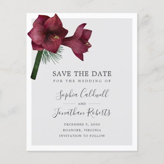 Papier Budget Burgundy Floral Wedding Enregistrer la date (Devant)