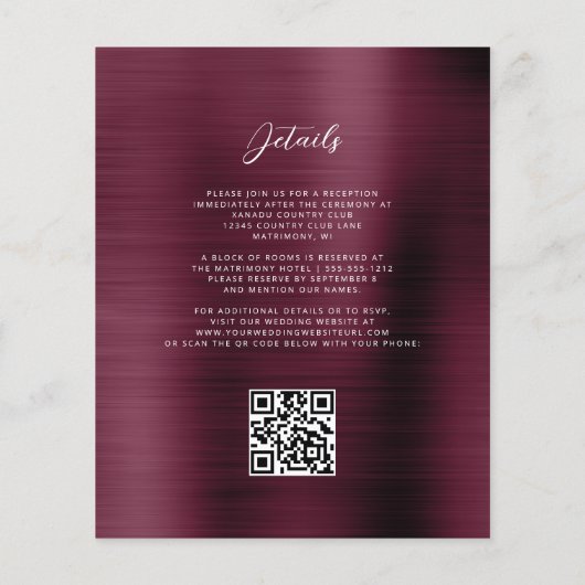 Papier Budget Burgundy Glam QR Code Faire-part de mariage (Dos)