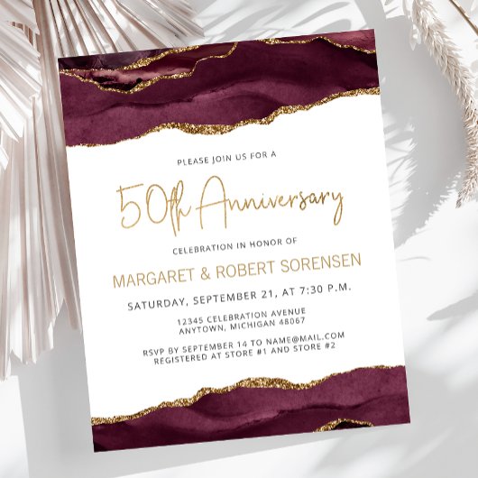 Papier Budget Burgundy Gold Agate 50th Anniversary Invite