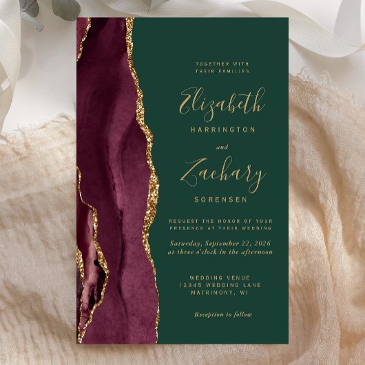 Papier Budget Burgundy Gold Agate Green Wedding Invite