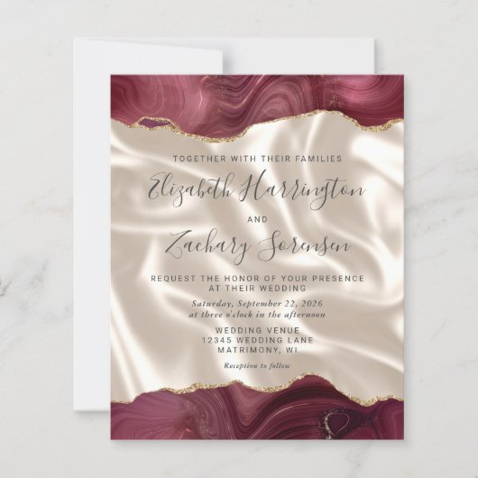 Papier Budget Burgundy Gold Agate Silk QR Code Mariage (Devant)