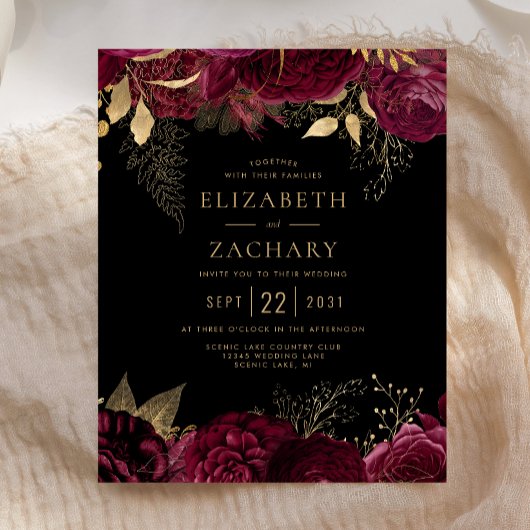 Papier Budget Burgundy Gold Floral Dark Wedding Invitatio