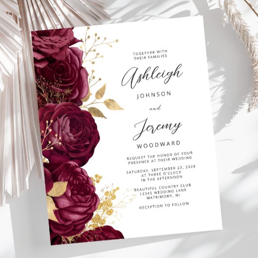 Papier Budget Burgundy Gold Floral Script Wedding Invite