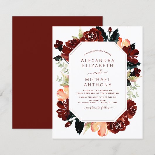Papier Budget Burgundy Marine Bleu Floral Mariage Élégant (Devant / Derrière)