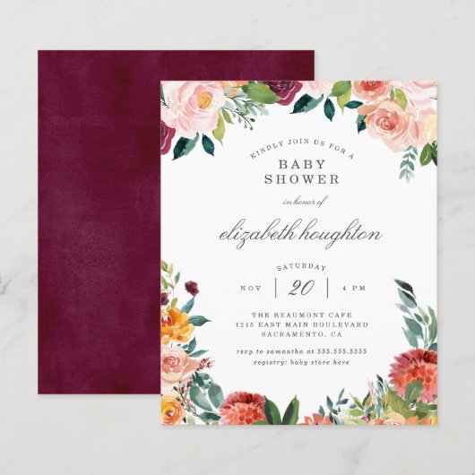 Papier Budget Burgundy Marsala Blush Floral Baby shower (Devant / Derrière)