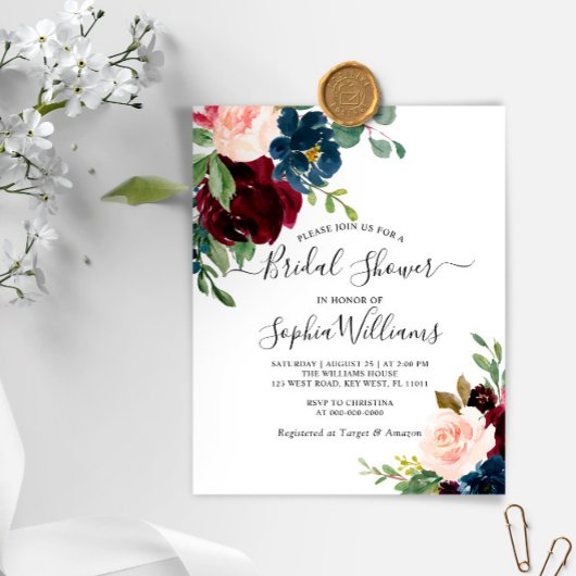 Papier Budget Burgundy & Navy Bridal Shower Invitation