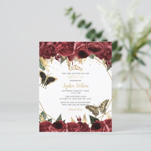 Papier Budget Burgundy Papillon doux 16 Invitation (Debout devant)