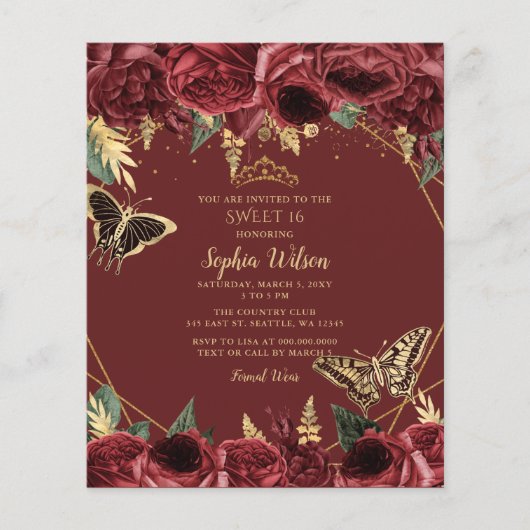 Papier Budget Burgundy Papillon doux 16 Invitation (Devant)