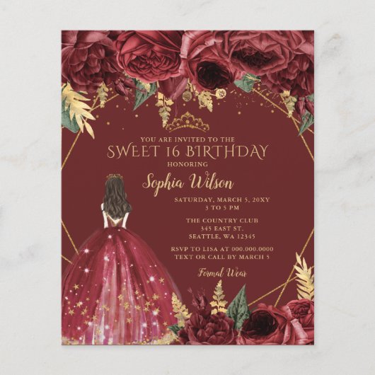 Papier Budget Burgundy Princess Sweet 16 Invitation (Devant)