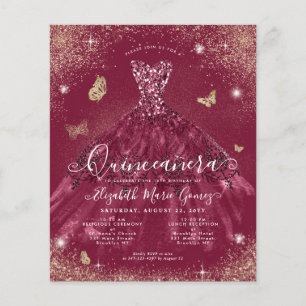 Papier Budget Burgundy Red Gold Gown Quinceanera Invitati