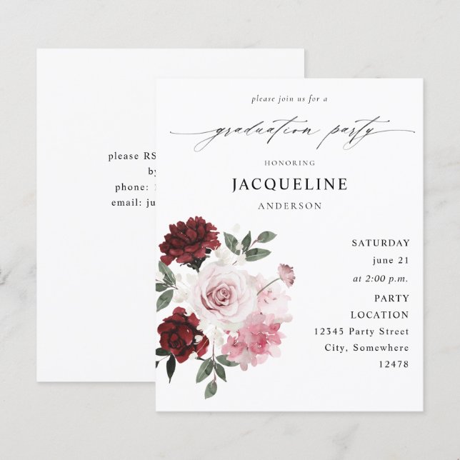 Papier Budget Burgundy Red & Pink Floral Graduation Party (Devant / Derrière)