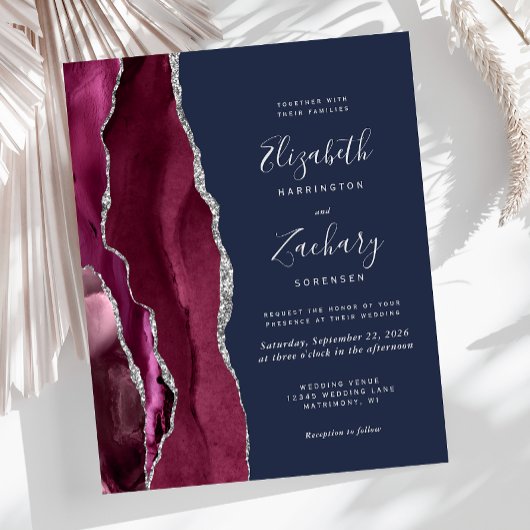 Papier Budget Burgundy Silver Agate Navy Wedding Invite