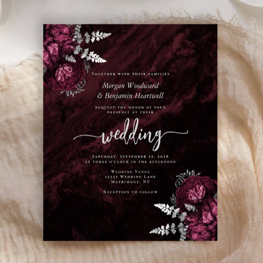 Papier Budget Burgundy Silver Floral Faire-part de mariag