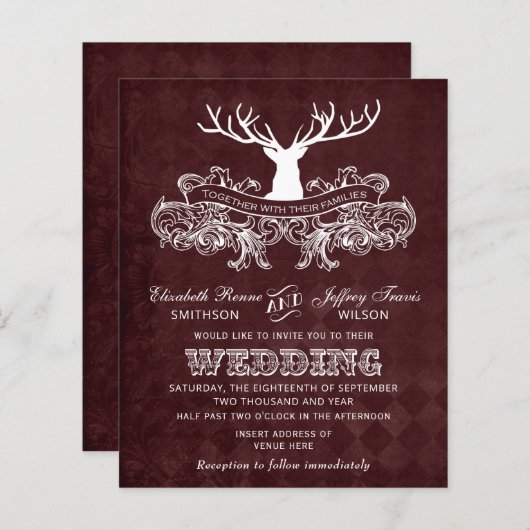 Papier Budget Burgundy Stag Faire-part de mariage (Devant / Derrière)