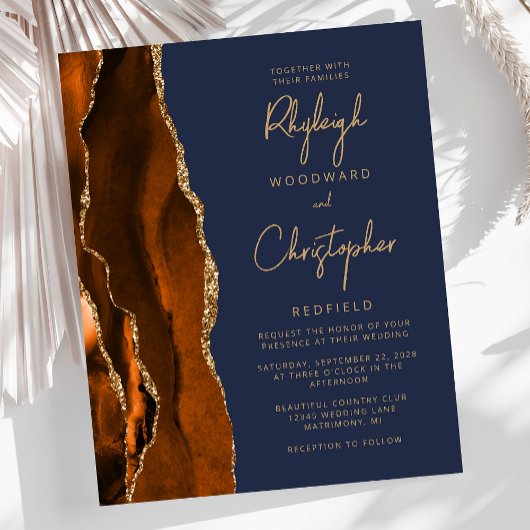 Papier Budget Burnt Orange Agate Blue Wedding Invitation