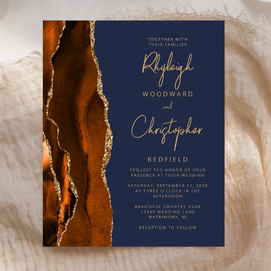 Papier Budget Burnt Orange Agate Blue Wedding Invitation
