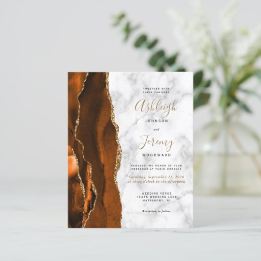 Papier Budget Burnt Orange Agate Marbre Mariage Invitatio (Debout devant)