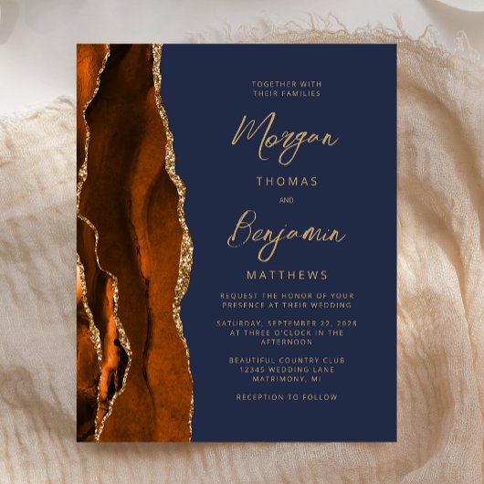 Papier Budget Burnt Orange Agate Marine Blue Wedding Invi