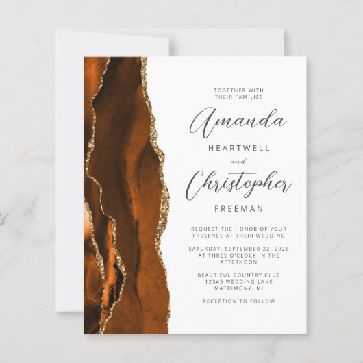 Papier Budget Burnt Orange Gold Agate Mariage Invitation (Devant)