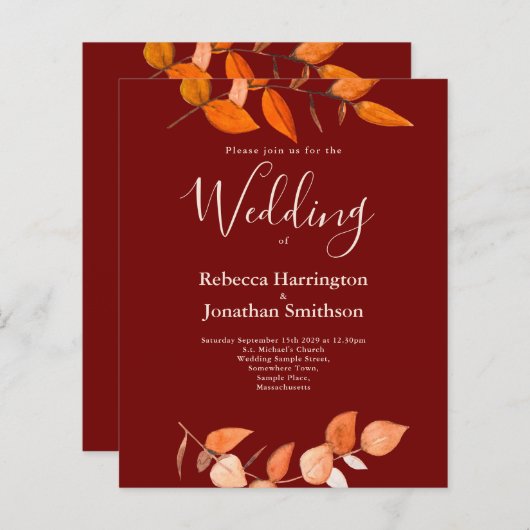 Papier Budget Burnt Orange Leaf Rouge Mariage RSVP Invita (Devant / Derrière)