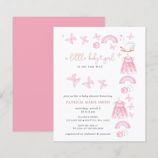 Papier Budget Butterfly Pink Girl Baby Shower Invite (Devant / Derrière)