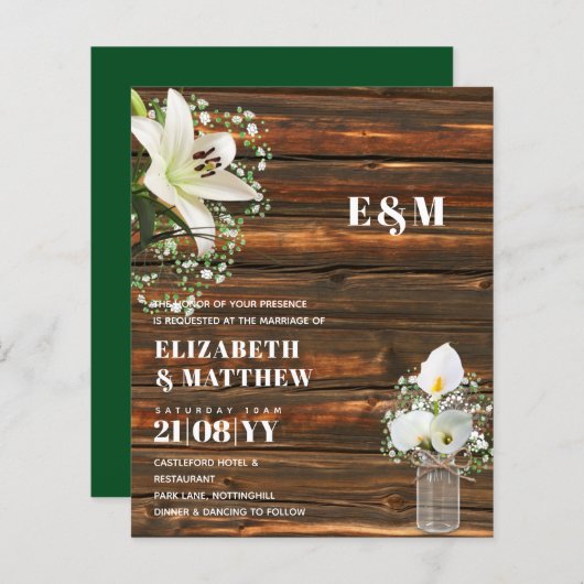 Papier BUDGET Calla Lilies Chic Shabby Mariage Invitation (Devant / Derrière)