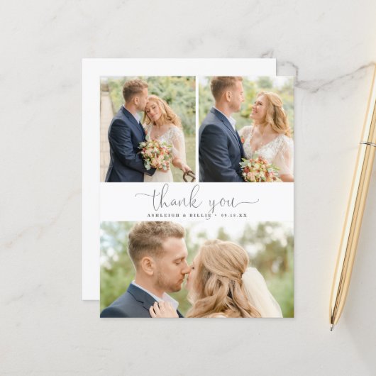 Papier Budget Calligraphy 3 Photo Collage Thank You (Devant/Arrière en situation)
