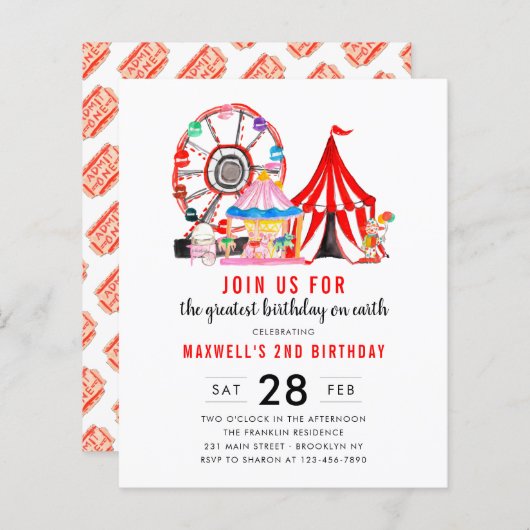 Papier Budget Carnaval Cirque Show Anniversaire Invitatio (Devant / Derrière)