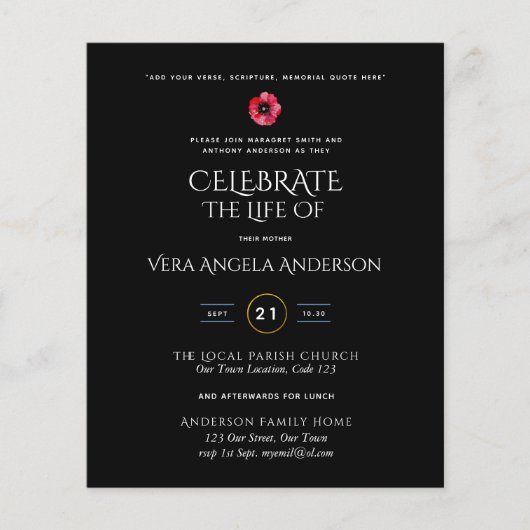 Papier Budget Célébration de la vie Invitation funéraire  (Devant)