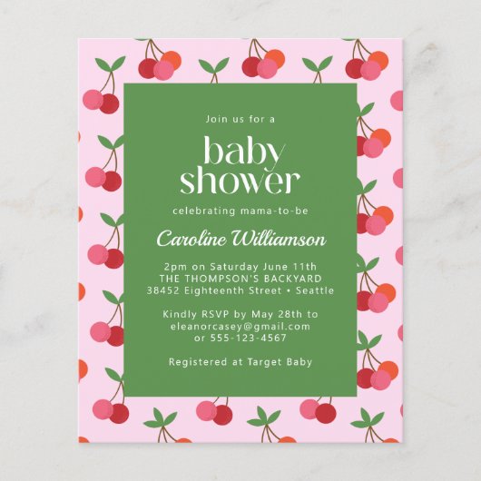 Papier Budget Cerise Fruit Rose Vert mignonne Baby shower (Devant)