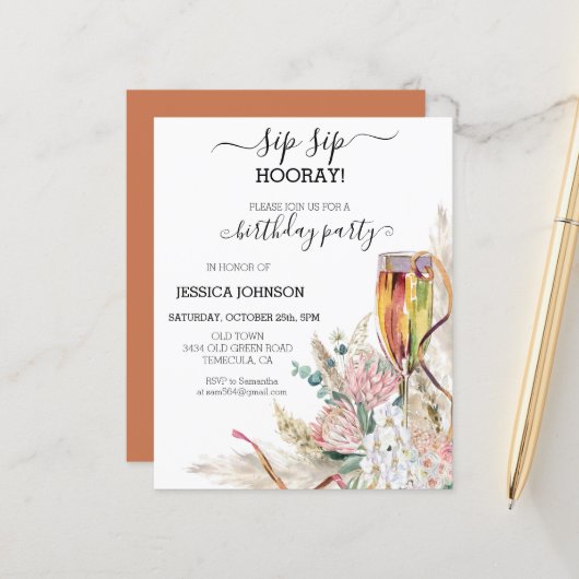 Papier Budget Champagne pour fête d'anniversaire Sip Sip  (Devant/Arrière en situation)