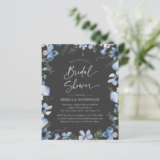 Papier Budget Charcoal Blue Chic Bridal Shower Invitation (Debout devant)