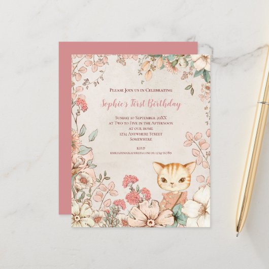 Papier Budget Chat Floral 1er Anniversaire Invitation fil (Devant/Arrière en situation)