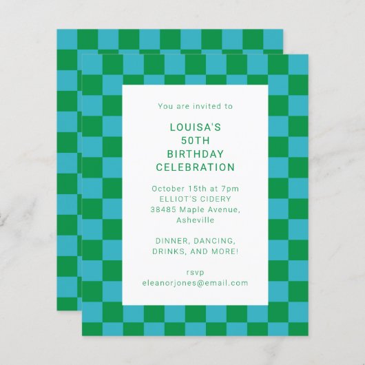 Papier Budget Checkerboard Blue Green Invitation d'annive (Devant / Derrière)
