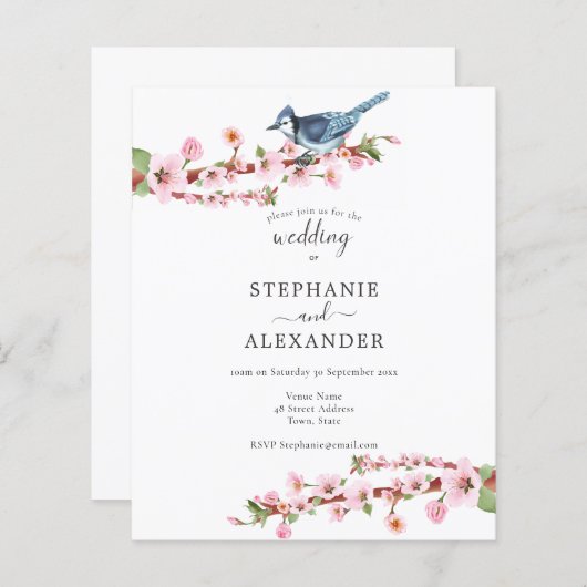 Papier Budget Cherry Blossom Blue Bird Wedding Invitation (Devant / Derrière)