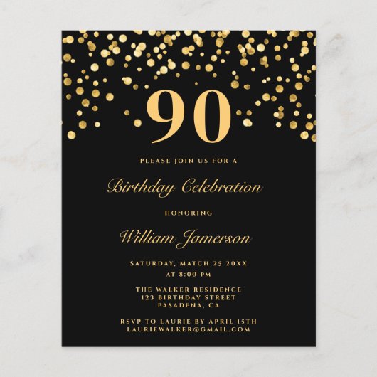 Papier Budget Chic Black Gold 90th Birthday Invitation (Devant)