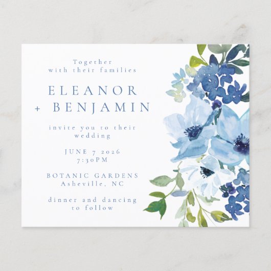 Papier Budget Chic Bleu Aquarelle Mariage Floral (Devant)