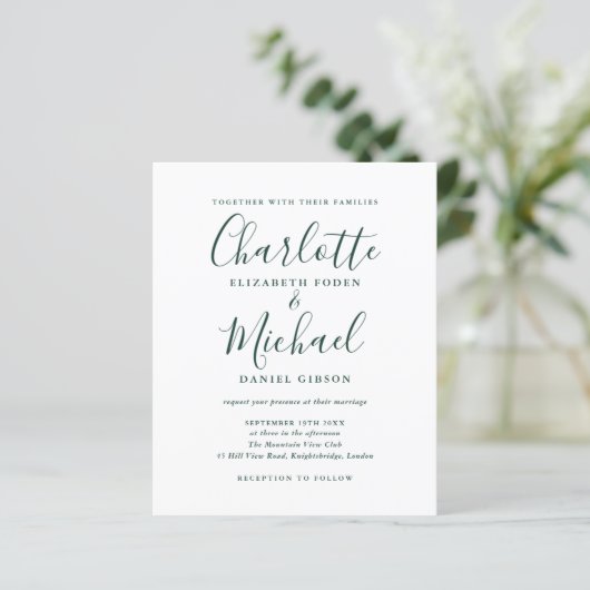 Papier Budget Chic Faire-part de mariage de script Emeral (Debout devant)