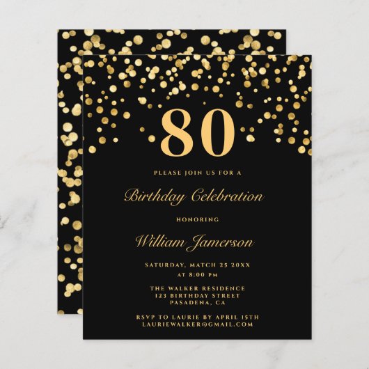 Papier Budget Chic Invitation d'anniversaire 80e (Devant / Derrière)