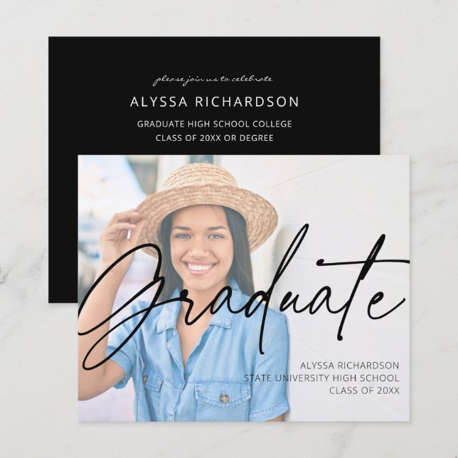 Papier Budget Chic Script H Photo Graduation Party Black (Devant / Derrière)