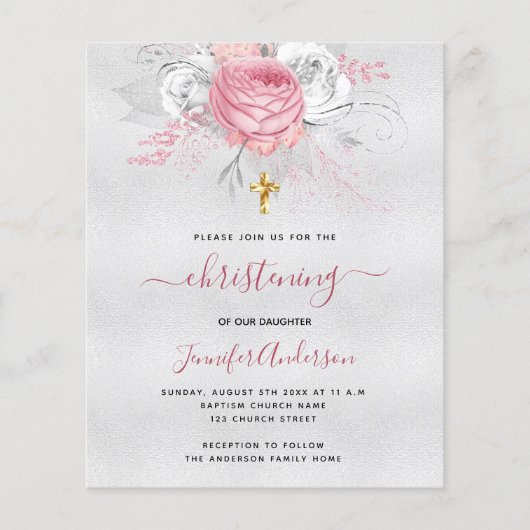 Papier Budget Christening argent rose floral invitation (Devant)