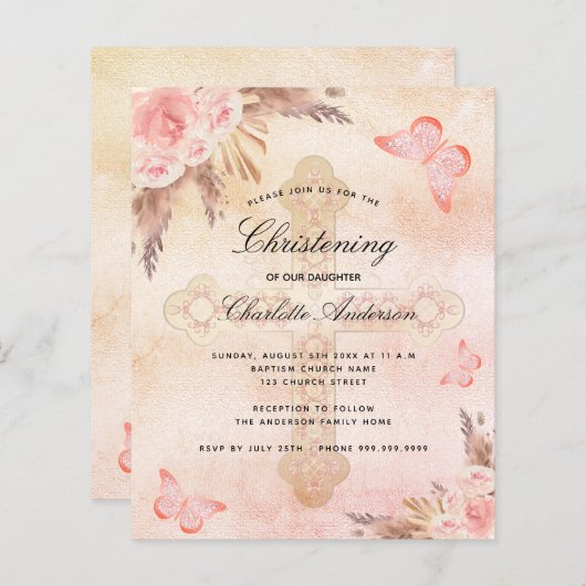 Papier Budget Christening blush papillon pampas herbe (Devant / Derrière)