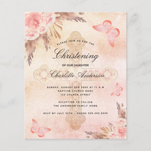 Papier Budget Christening blush papillon pampas herbe (Devant)