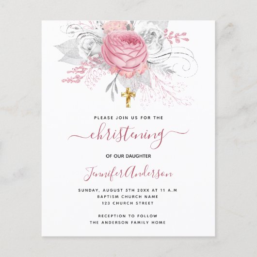 Papier Budget Christening rose florales invitation fille (Devant)
