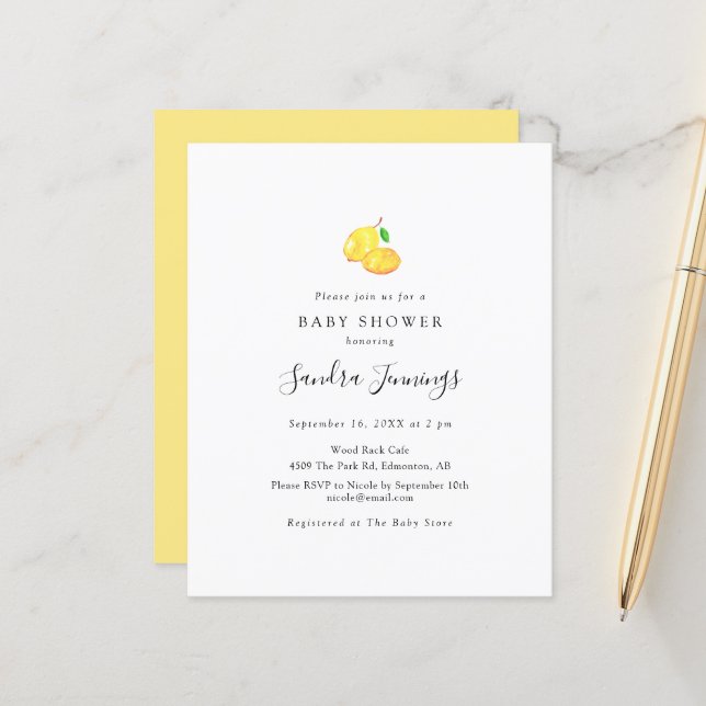 Papier Budget Citron Baby shower Élégant Minimaliste (Devant/Arrière en situation)