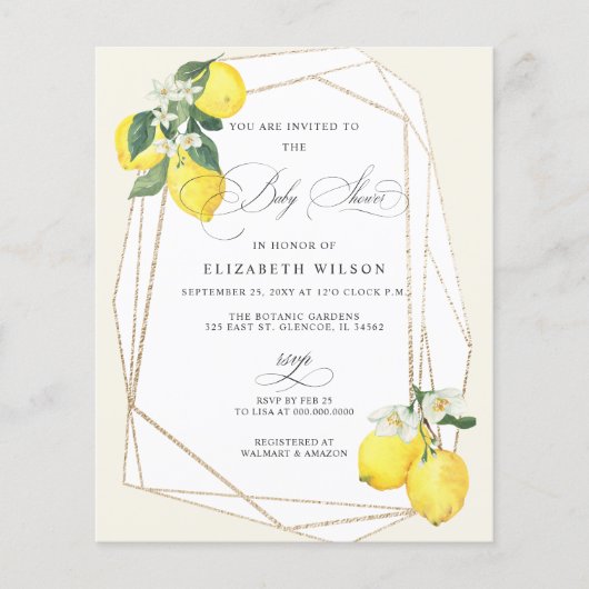 Papier Budget Citron Citrus Baby shower d'été Invitation (Devant)